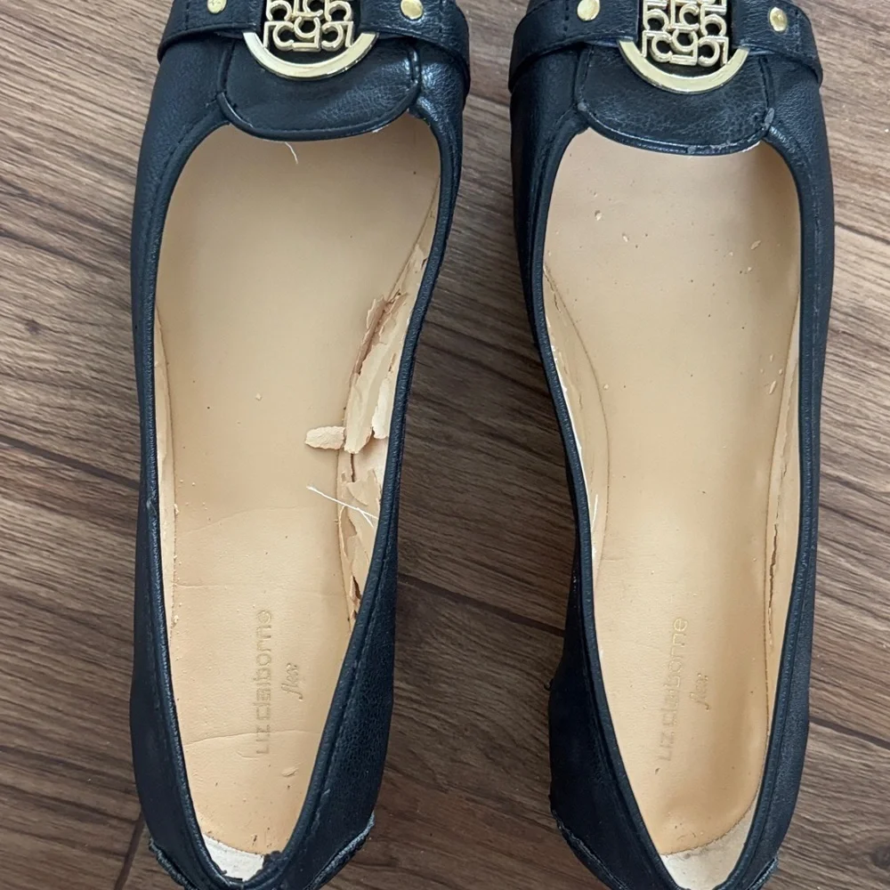 Liz Claiborne Black Flats with Gold Medallion